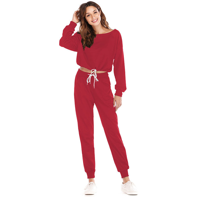 Conjunto de dos piezas de top de manga larga con cordón y pantalones casuales de color liso con cuello redondo tallas S-XL