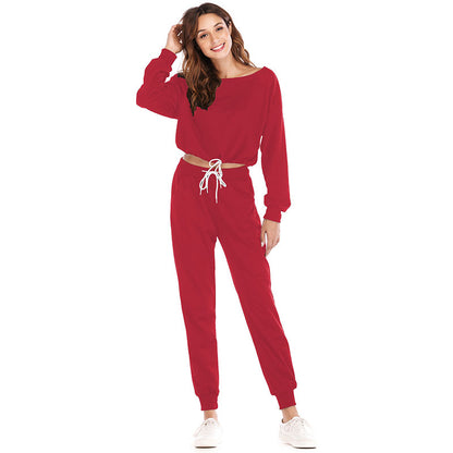 Conjunto de dos piezas de top de manga larga con cordón y pantalones casuales de color liso con cuello redondo tallas S-XL