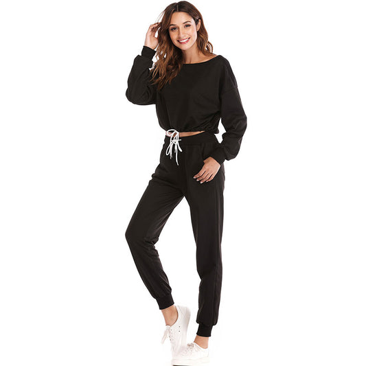 S-XL Round Collar Solid Color Long-sleeve Drawstring Top And Casual Pants Two Pieces Sets