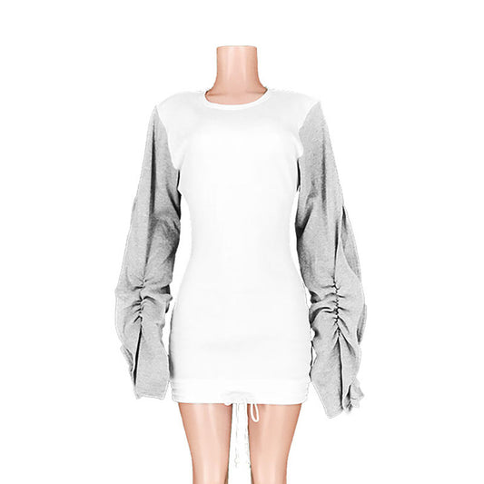 Autumn Winter Ruffle Puff Long-Sleeve Drawstring Casual Dress