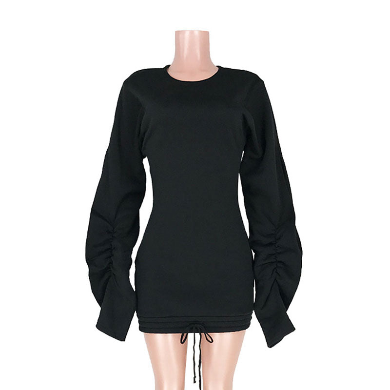 Vestido informal de otoño-invierno con volantes, mangas largas y cordón ajustable