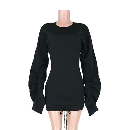 Vestido informal de otoño-invierno con volantes, mangas largas y cordón ajustable