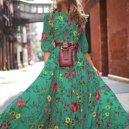Vestido maxi bohemio informal con estampado floral y escote redondo, tallas S-XXL