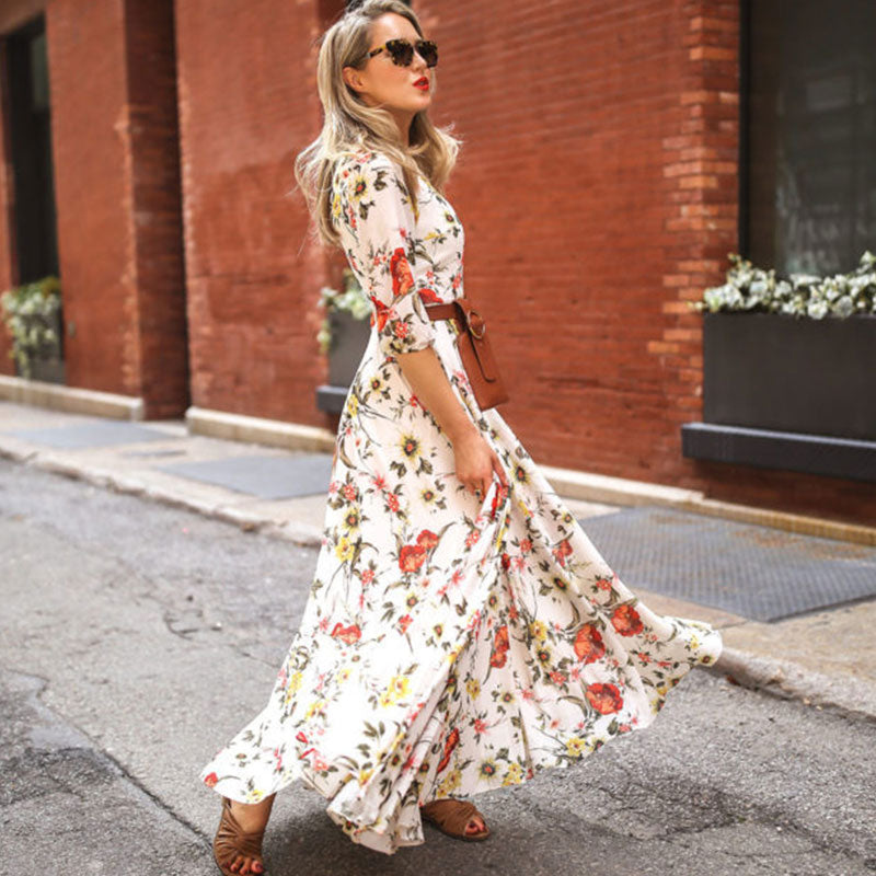 Vestido maxi bohemio informal con estampado floral y escote redondo, tallas S-XXL