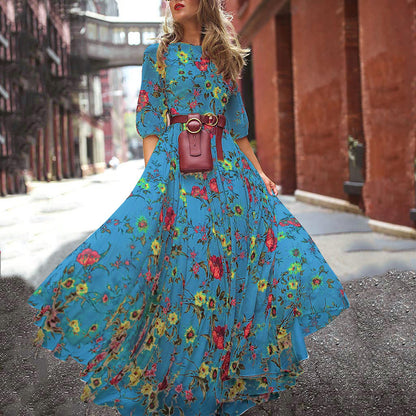 Vestido maxi bohemio informal con estampado floral y escote redondo, tallas S-XXL