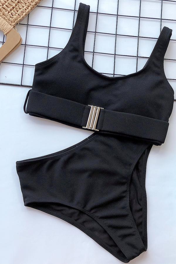 Conjunto de bikini sexy de nailon de dos piezas con parches sólidos para adultos.
