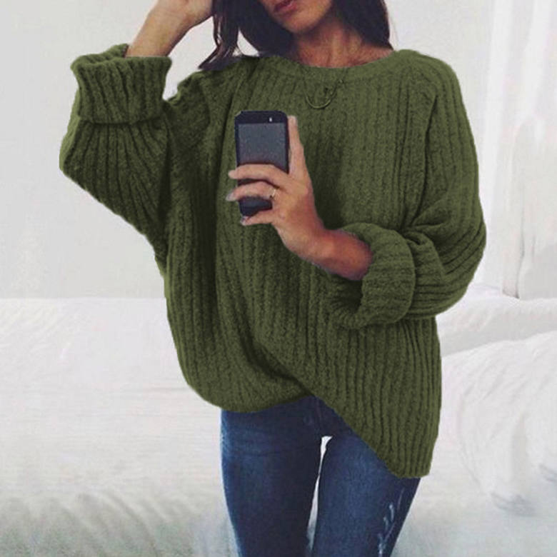 S-XXL Women Casual Loose Solid Color Round Collar Pullover Sweater