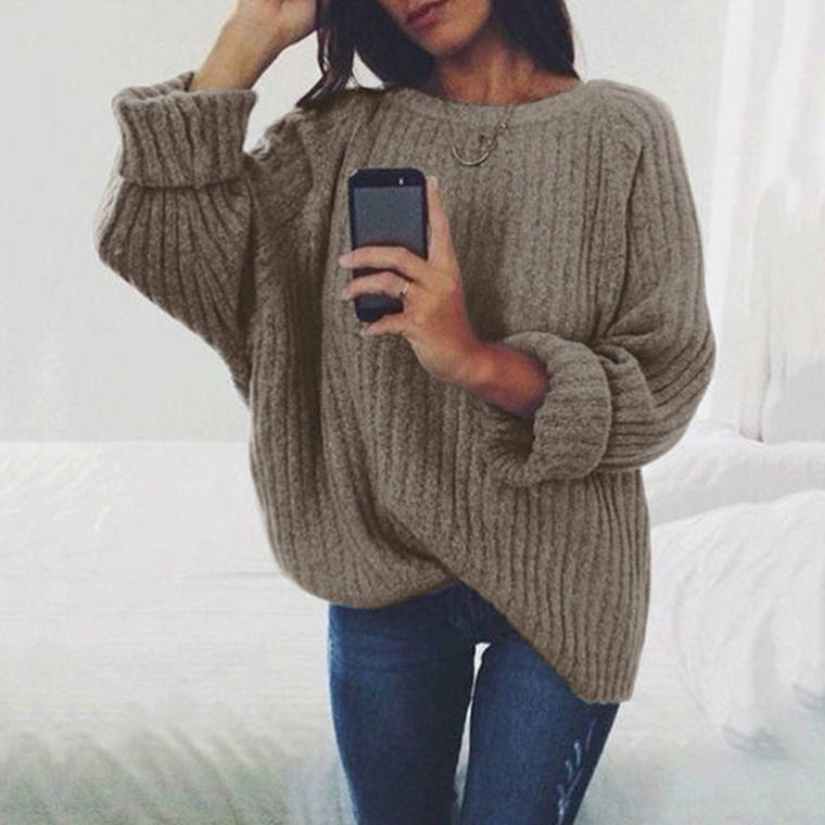 S-XXL Women Casual Loose Solid Color Round Collar Pullover Sweater