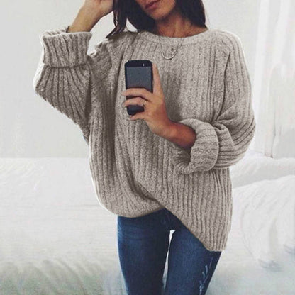 S-XXL Women Casual Loose Solid Color Round Collar Pullover Sweater