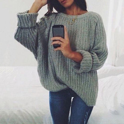 S-XXL Women Casual Loose Solid Color Round Collar Pullover Sweater