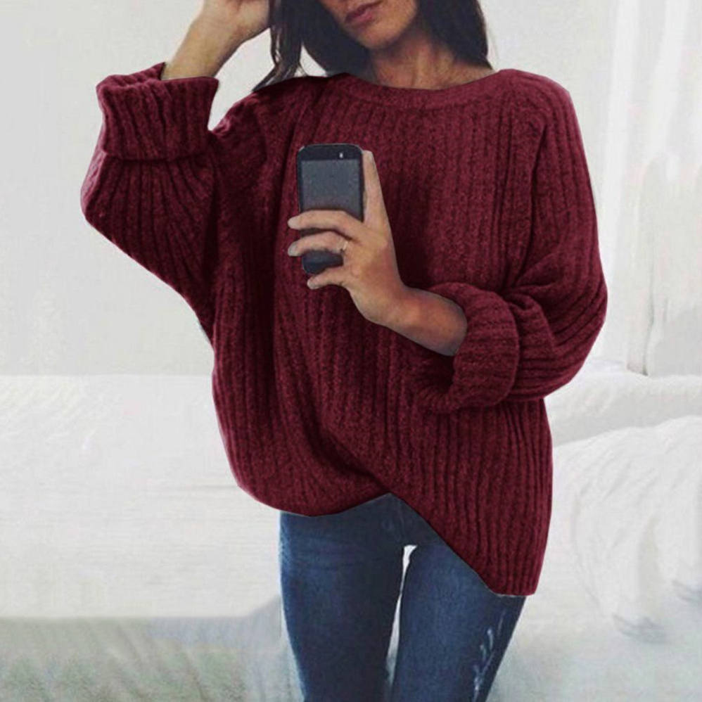 S-XXL Women Casual Loose Solid Color Round Collar Pullover Sweater