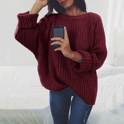 S-XXL Women Casual Loose Solid Color Round Collar Pullover Sweater