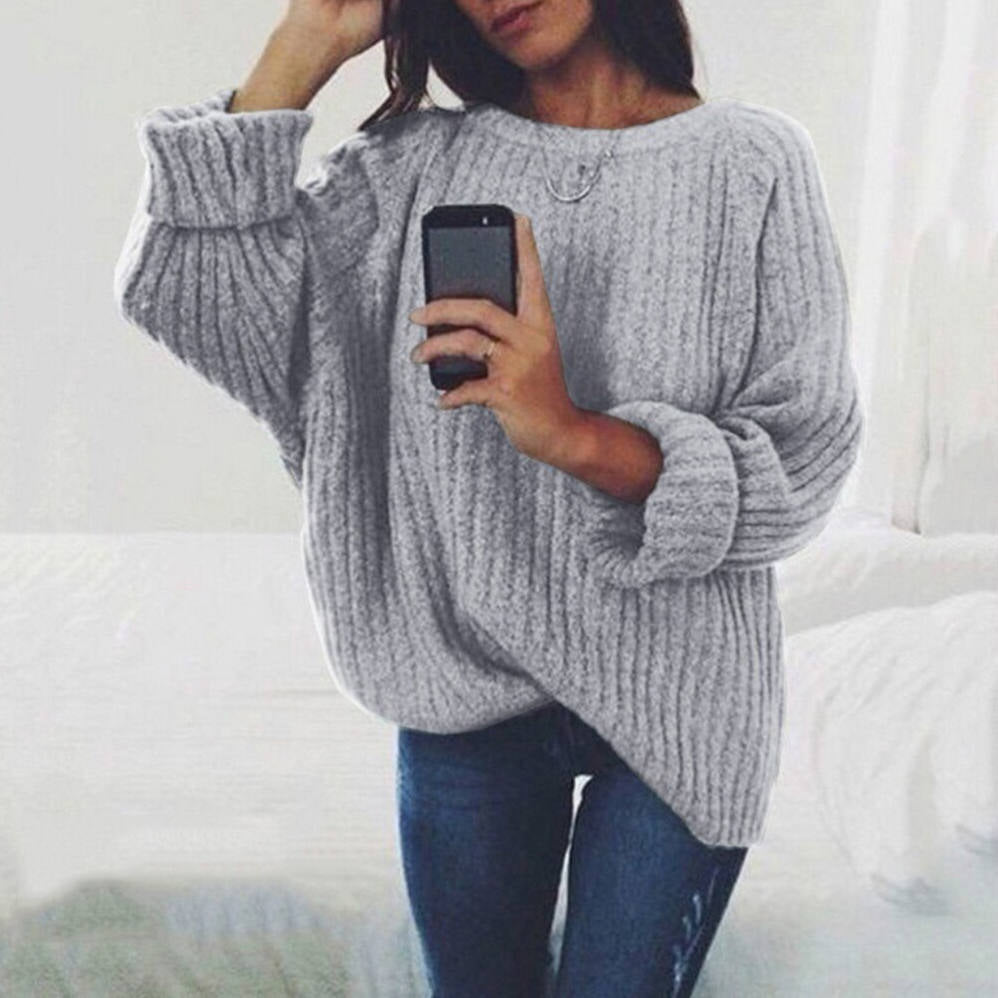 S-XXL Women Casual Loose Solid Color Round Collar Pullover Sweater