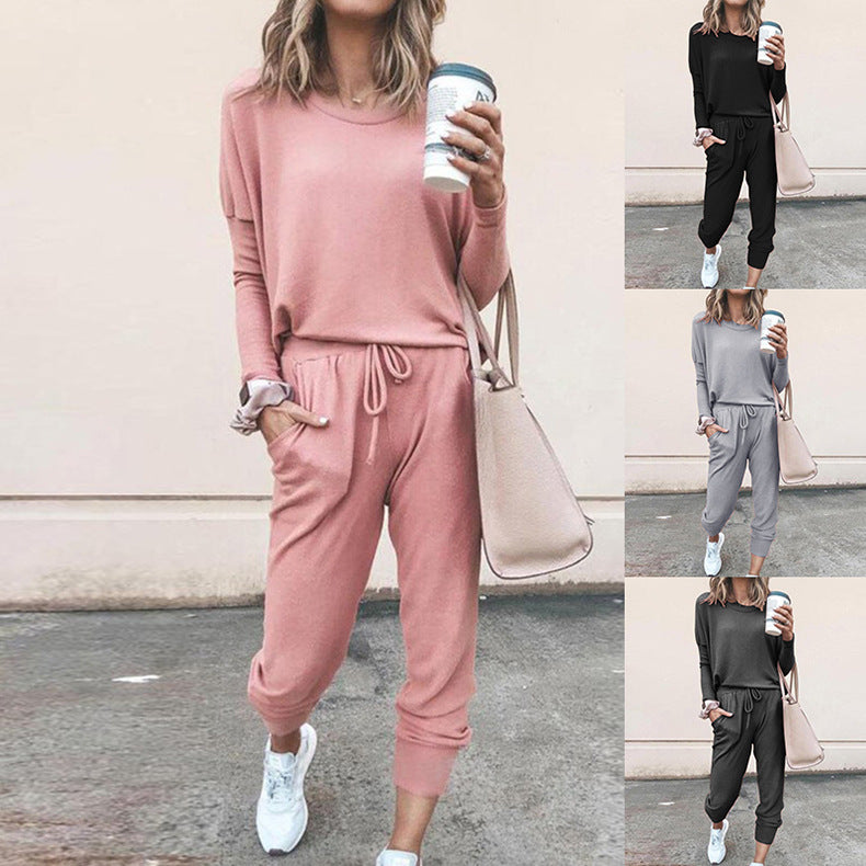 Conjunto informal de dos piezas para mujer, tallas S-XXL, con top y pantalón de manga larga y escote redondo en color liso