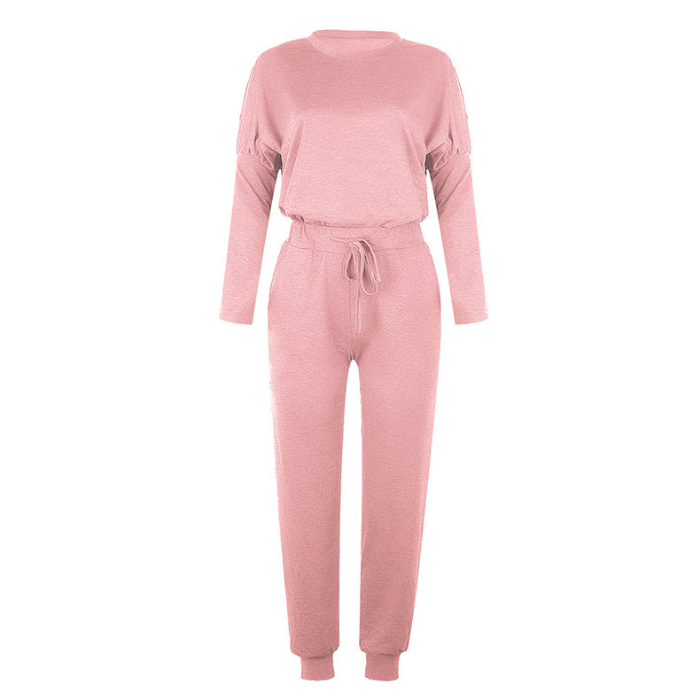 Conjunto informal de dos piezas para mujer, tallas S-XXL, con top y pantalón de manga larga y escote redondo en color liso