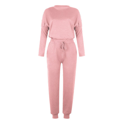 Conjunto informal de dos piezas para mujer, tallas S-XXL, con top y pantalón de manga larga y escote redondo en color liso