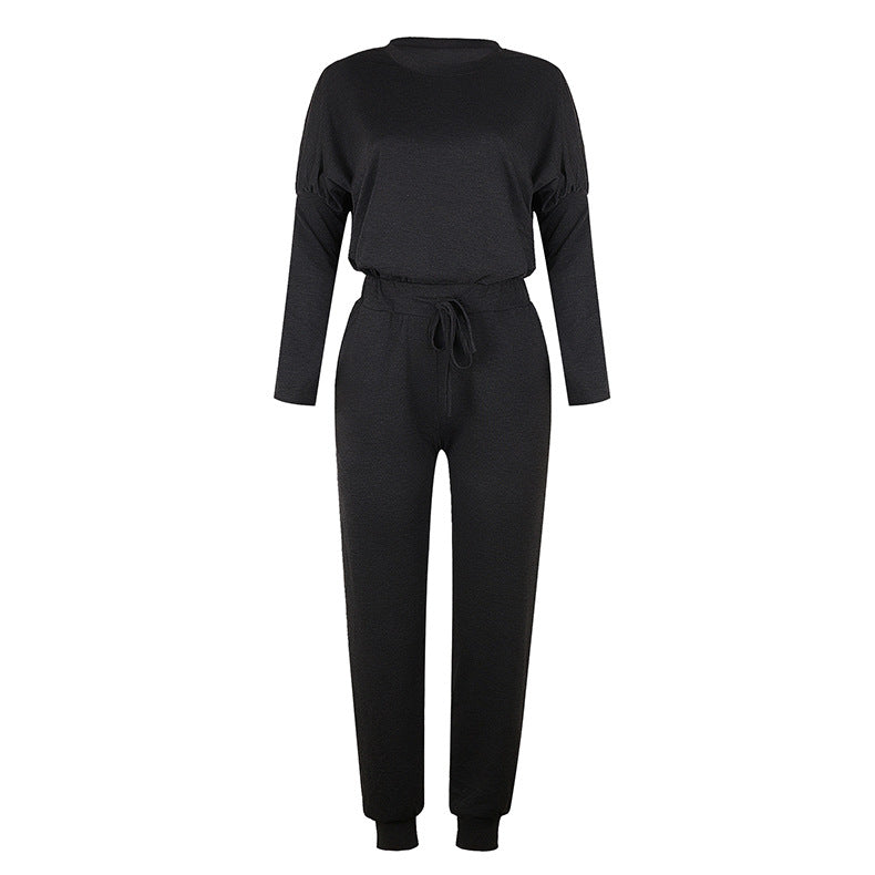 Conjunto informal de dos piezas para mujer, tallas S-XXL, con top y pantalón de manga larga y escote redondo en color liso