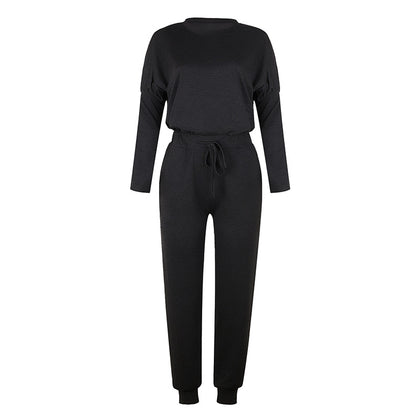 Conjunto informal de dos piezas para mujer, tallas S-XXL, con top y pantalón de manga larga y escote redondo en color liso