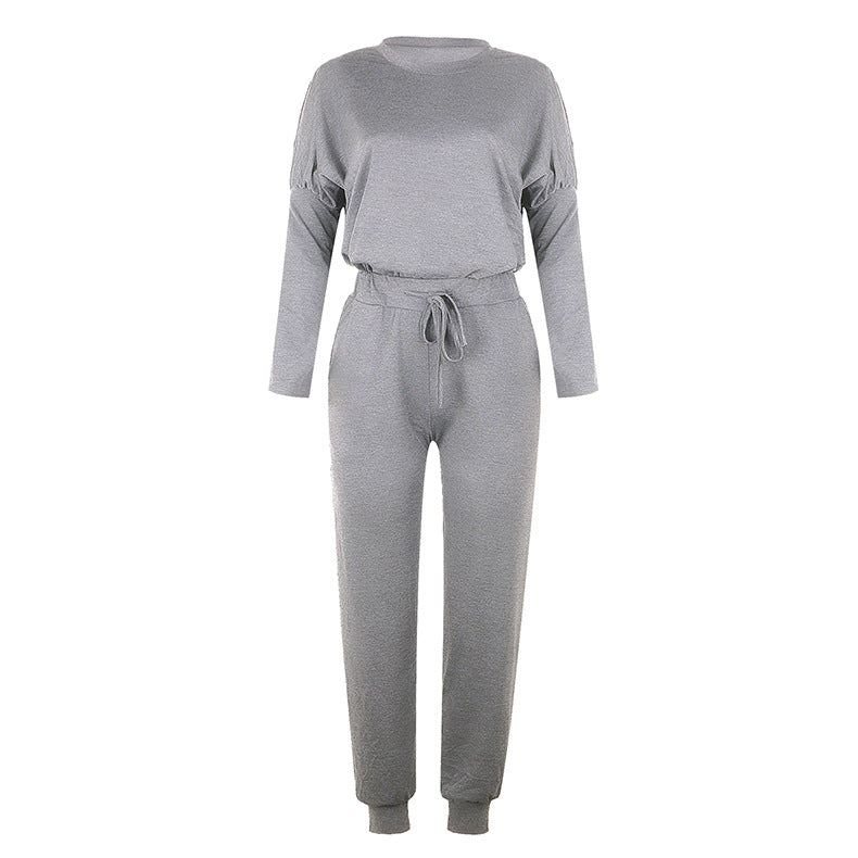 Conjunto informal de dos piezas para mujer, tallas S-XXL, con top y pantalón de manga larga y escote redondo en color liso