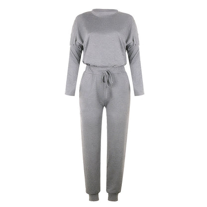 Conjunto informal de dos piezas para mujer, tallas S-XXL, con top y pantalón de manga larga y escote redondo en color liso