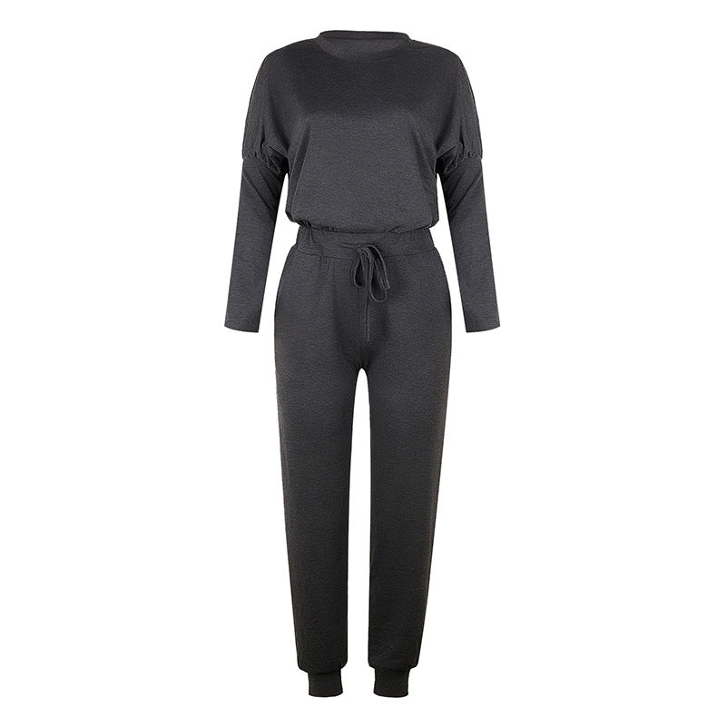 Conjunto informal de dos piezas para mujer, tallas S-XXL, con top y pantalón de manga larga y escote redondo en color liso