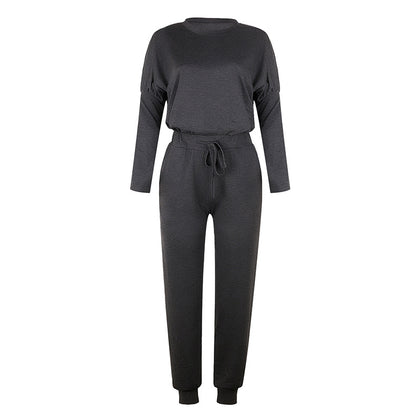 Conjunto informal de dos piezas para mujer, tallas S-XXL, con top y pantalón de manga larga y escote redondo en color liso