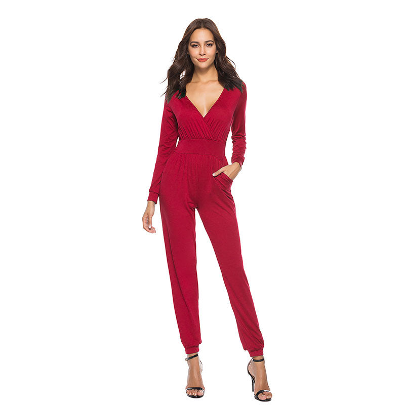 S-XL Solid Color V-neck Long-sleeve Casual Jumpsuits