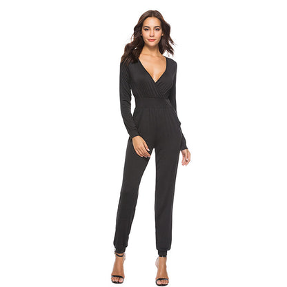 S-XL Solid Color V-neck Long-sleeve Casual Jumpsuits