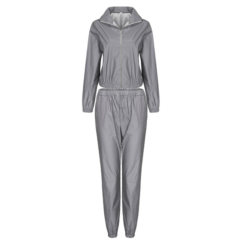 Conjuntos de dos piezas sexys reflectantes de abrigo deportivo de manga larga y pantalones casuales para mujer tallas S-3XL