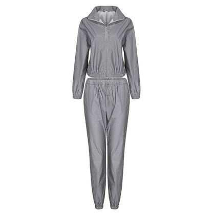 Conjuntos de dos piezas sexys reflectantes de abrigo deportivo de manga larga y pantalones casuales para mujer tallas S-3XL