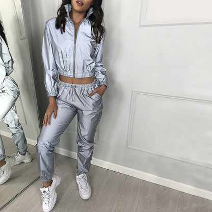 Conjuntos de dos piezas sexys reflectantes de abrigo deportivo de manga larga y pantalones casuales para mujer tallas S-3XL