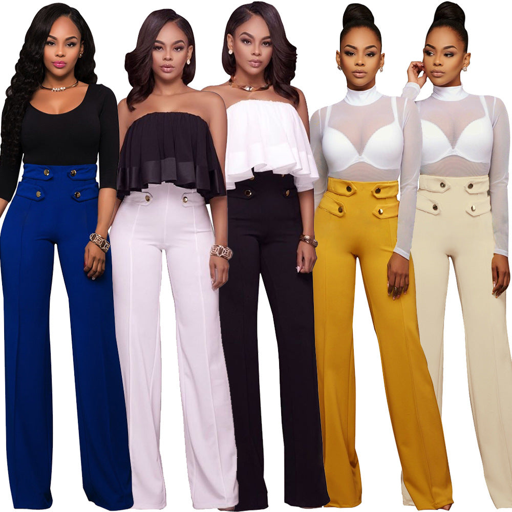 S-XL Fashion Button Design High Waist Casual Pants