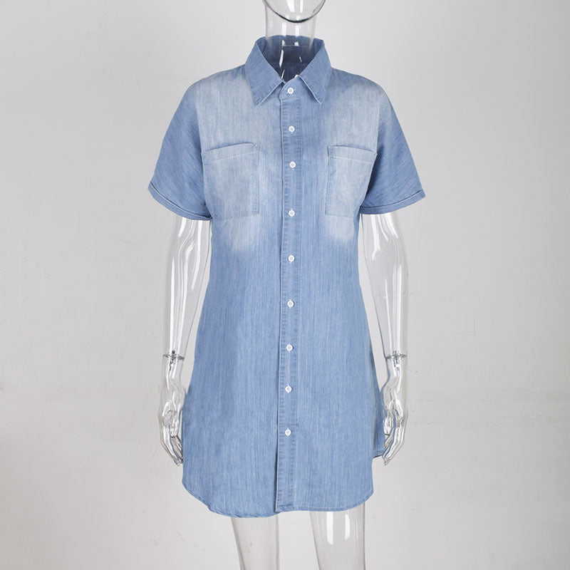 S-XL Lapel Short-sleeve Single-breasted Casual Shirt Dress