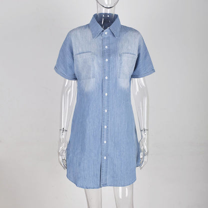 S-XL Lapel Short-sleeve Single-breasted Casual Shirt Dress