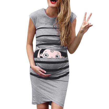 Cute Cartoon Stripe Printing Sleeveless Maternity Casual Dresses