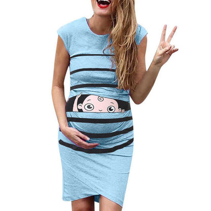 Cute Cartoon Stripe Printing Sleeveless Maternity Casual Dresses