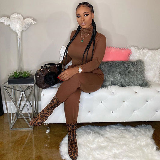 S-XXL Solid Color Turtleneck Long-sleeve Top And Drawstring Waist Pants Casual Two Piece Sets