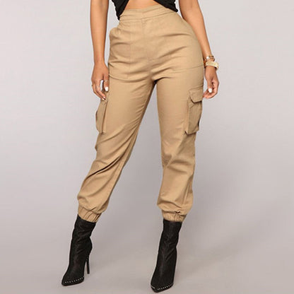 S-XL Women Solid Color Pocket Design Casual Jogger Pants