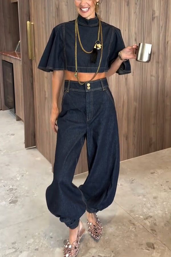 Luna Denim High Rise Pocket Adjustable Buckle Ankle Strap Harem Pants