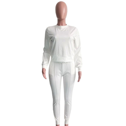 Conjuntos casuales de dos piezas de color liso, top y pantalón de manga larga con cuello redondo, tallas S-XXL