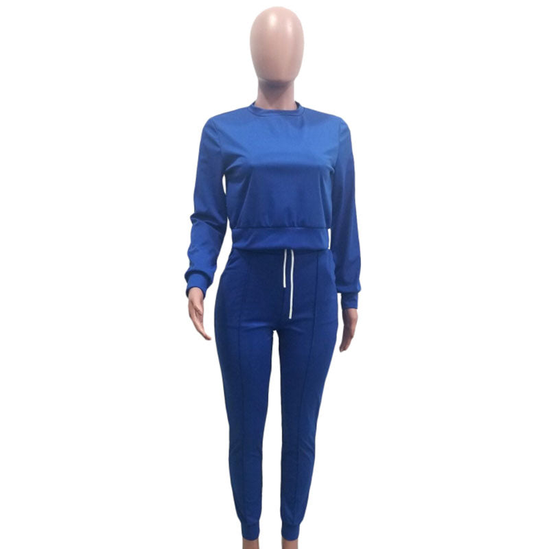 Conjuntos casuales de dos piezas de color liso, top y pantalón de manga larga con cuello redondo, tallas S-XXL