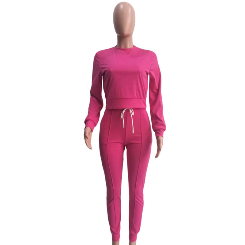 Conjuntos casuales de dos piezas de color liso, top y pantalón de manga larga con cuello redondo, tallas S-XXL