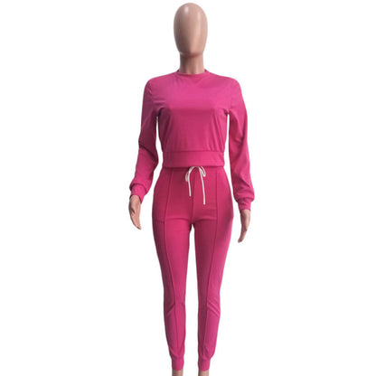 Conjuntos casuales de dos piezas de color liso, top y pantalón de manga larga con cuello redondo, tallas S-XXL