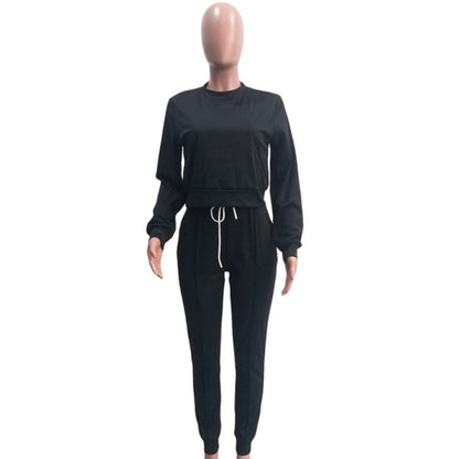 Conjuntos casuales de dos piezas de color liso, top y pantalón de manga larga con cuello redondo, tallas S-XXL