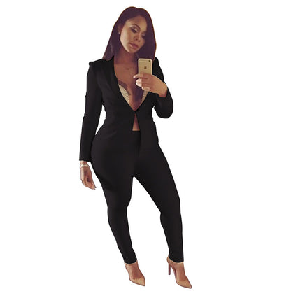 Conjunto de 2 piezas de abrigo y pantalón de manga larga con solapa de color liso, tallas S-XL