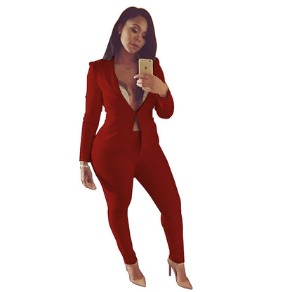 Conjunto de 2 piezas de abrigo y pantalón de manga larga con solapa de color liso, tallas S-XL
