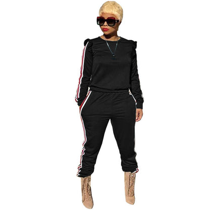 S-3XL Round Collar Long-sleeve Stringy Selvedge Top And Pants Casual Sports Two Piece Sets