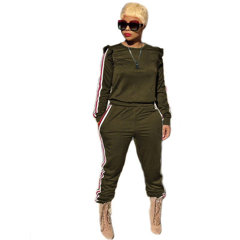 S-3XL Round Collar Long-sleeve Stringy Selvedge Top And Pants Casual Sports Two Piece Sets