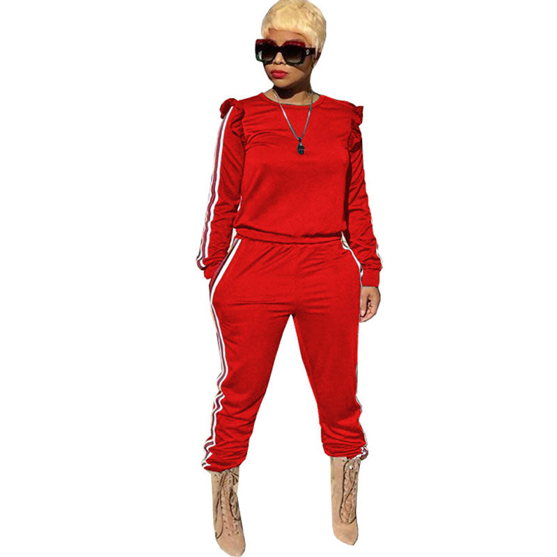 S-3XL Round Collar Long-sleeve Stringy Selvedge Top And Pants Casual Sports Two Piece Sets