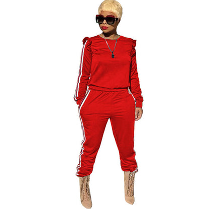 S-3XL Round Collar Long-sleeve Stringy Selvedge Top And Pants Casual Sports Two Piece Sets